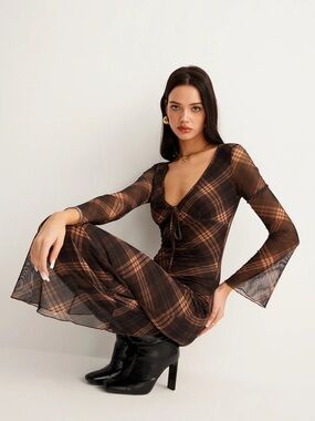 Cider Semi-Sheer Checked Bell-Sleeve Mesh Dress size xsmall